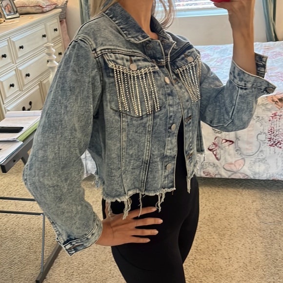 Blue Jean jacket faux diamond fringe detailing size M - Picture 3 of 14